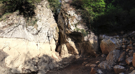 The Agura river and the Agura waterfalls which is completely dry for the first time in 40 years. Sochi, Russia.