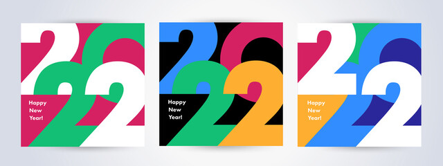 Creative concept of 2022 Happy New Year posters set. Design templates with typography logo 2022 for celebration and season decoration. Minimalistic trendy backgrounds for branding, banner, cover, card - obrazy, fototapety, plakaty