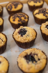 Close-up image of batch of homemade, chocolate cupcakes in paper cake cases on circular, black, metal wire cooling rack, chocolate butter chocolate pieces and blueberry