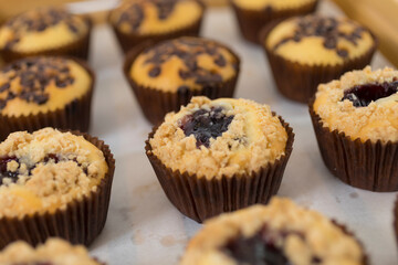 Close-up image of batch of homemade, chocolate cupcakes in paper cake cases on circular, black, metal wire cooling rack, chocolate butter chocolate pieces and blueberry