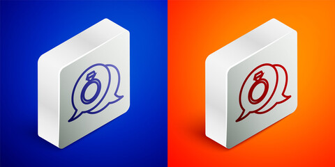 Isometric line Diamond engagement ring icon isolated on blue and orange background. Silver square button. Vector.