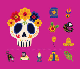 mexican head skull with set flat style icons