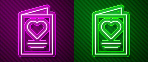Glowing neon line Greeting card icon isolated on purple and green background. Celebration poster template for invitation or greeting card. Vector.