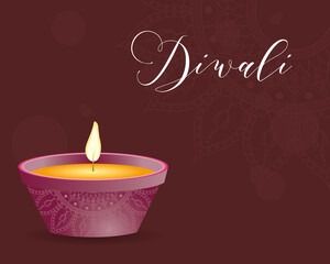 Fototapeta na wymiar happy diwali celebration lettering with candle in brown background