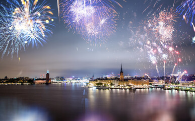 Beautiful Gamla Stan in Stockholm at new year's eve with magical fireworks. 