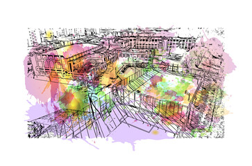 Building view with landmark of Bialystok is the largest city in northeastern Poland. Watercolor splash with hand drawn sketch illustration in vector.