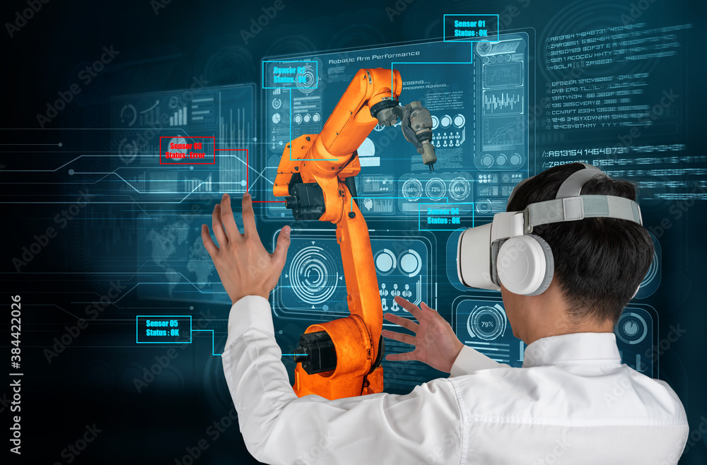 Poster engineer controls robotic arms by augmented reality industry technology application software. smart 
