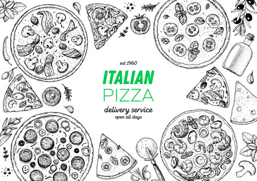 Italian Pizza. Top view. Design template. Pizza sketch. Hand drawn illustration. Different pizza. Packaging or menu. Black and white