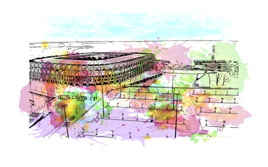 Building view with landmark of Bialystok is the largest city in northeastern Poland. Watercolor splash with hand drawn sketch illustration in vector.