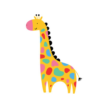Cartoon giraffe. Cute giraffe with colorful spots. Vector children's illustration isolated on a white background. Character for kids and babies fashion. Vector children's illustration. Funny zoo.