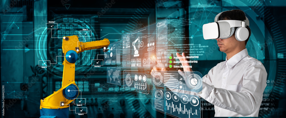 Poster engineer controls robotic arms by augmented reality industry technology application software. smart 