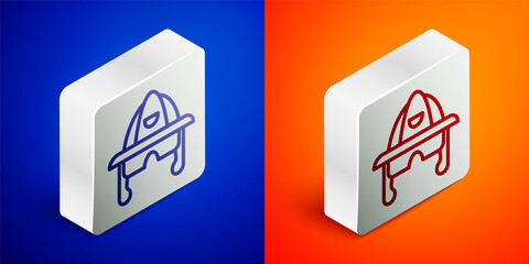 Isometric line Firefighter helmet or fireman hat icon isolated on blue and orange background. Silver square button. Vector.