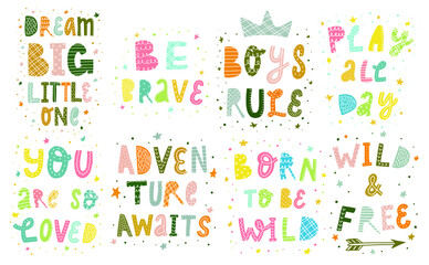 set of lettering quotes isolated on white background for nursery room decor, posters, prints, cards, signs, etc. Colorful typography inscriptions. EPS 10