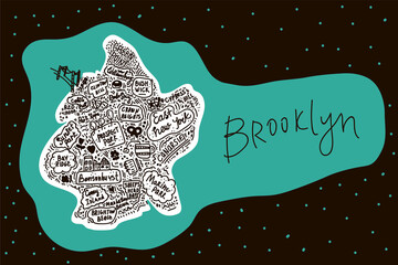 Vector Map of Brooklyn new York USA flat hand-drawn illustration. American attractions States, city, district, name cartoon inscriptions, tourist places clipart. Travel to the USA, travel poster
