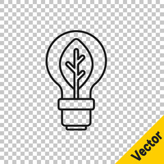 Black line Light bulb with leaf icon isolated on transparent background. Eco energy concept. Alternative energy concept. Vector.