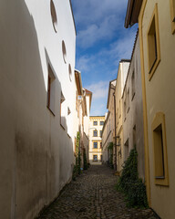 Narrow street in the historic center of town Olomouc, Czech Republic. Old cobbled street
