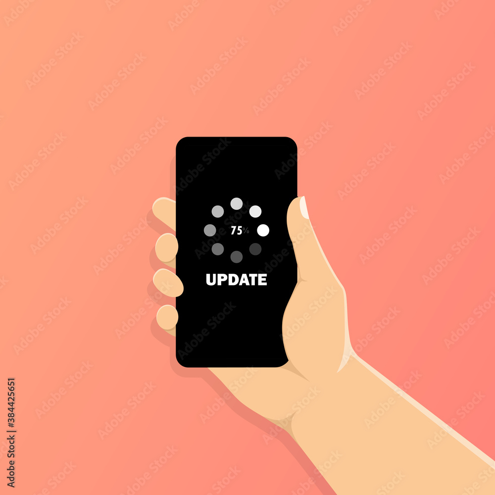 Poster hand holding smartphone with update loading process. update software. closeup smartphone in wirefram