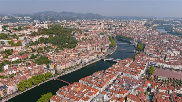 Lyon: Aerial view of historic city in French region of Auvergne-Rh&ocirc;ne-Alpes - landscape panorama of France from above, Europe