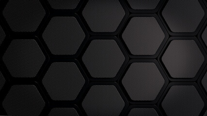 Hexagonal dark grey, black background texture, 3d illustration, 3d rendering