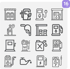 Simple set of fuel station related lineal icons.