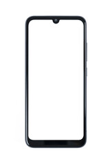 Front view of a new modern black frameless smartphone mockup with blank white screen isolated on a white background (high details).