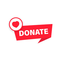 Donate button. Charity fundraising concept. Red button with red heart symbol. Vector on isolated white background. EPS 10