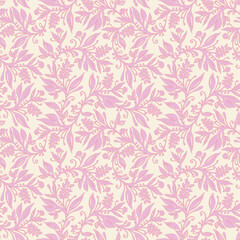 Fototapeta premium Floral seamless pattern with leaves and berries in coral, cream, pink colors, hand-drawn and digitized. Design for wallpaper, textile, fabric, wrapping, background.