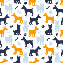 Dog silhouette seamless pattern. Print texture about dogs. Vector illustration isolated on white background. Dog breed Basenji set shape