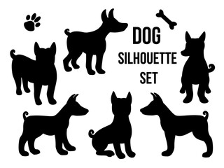Set Dog silhouette in different poses. Vector illustration isolated on white background. Dog breed Basenji set black shape. Fun Cartoon style