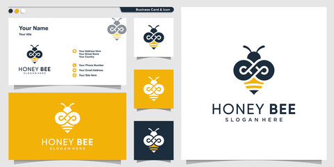 Honey bee logo with infinity outline concept and business card design Premium Vector