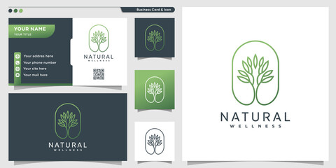 Natural logo with unique tree line art style and business card design Premium Vector