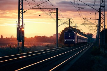 Fototapeta na wymiar Passenger train at beautiful sunrise