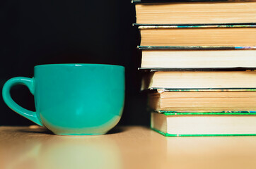A coffee mug stands next to the books. lafstyle photography.