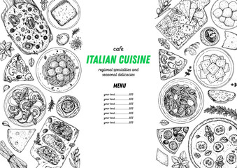 Italian Food. Top view. Sketch illustration. Italian cuisine. Design template. Hand drawn illustration. Black and white. Engraved style. Pasta and pizza, ravioli. Authentic dishes.