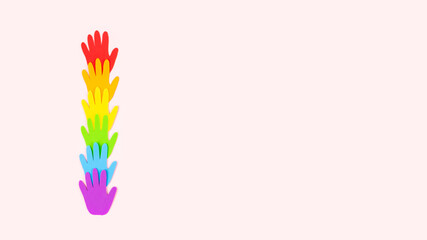 Giving Tuesday, Tolerance, kindness, cooperative, friendship, charity humanitarian aid day concept. Many rainbow color palm hands on pink background with copy space