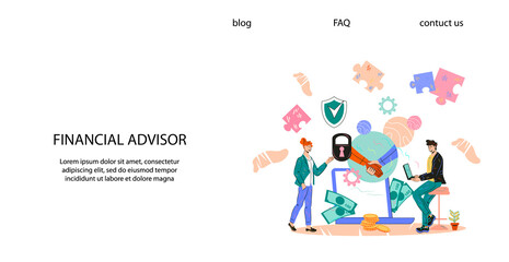 Financial advisor website banner template with businessman meeting financial consultant for professional advice. Business consulting and investments, flat cartoon vector illustration.