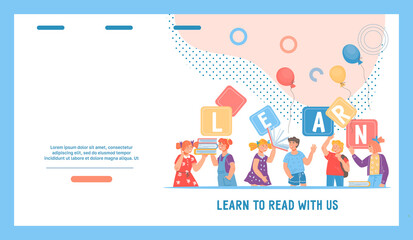 Website page interface for children reading classes with cartoon boys and girls characters. Online kids  preschool education, learning to read, flat vector illustration.