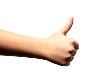 Female teenage hand showing thumbs up isolated on white background.