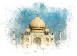 Taj Mahal Tomb, Mosque, Agra, India, postcard as watercolor drawing 