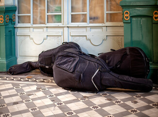 the musical instruments of the symphony orchestra rest before the concert.