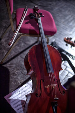 the musical instruments of the symphony orchestra rest before the concert.
