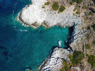 Aerial panoramic view of rocky beach near Trachila, Messinia, Greece