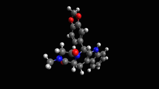 Animated 3D model of tadalafil, a medication used to treat erectile dysfunction and pulmonary arterial hypertension. Ball-and-stick model, black background.