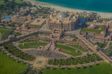 Bird's eye and aerial drone view of Abu Dhabi city from observation deck