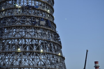 Construction of a large metal cooling tower. Metal carcass. Metal cooling tower.