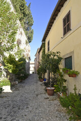 Naklejka premium A narrow street between the old houses of Fumone, a medieval village in the province of Frosinone, Italy.