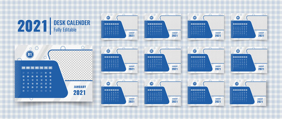 Desk calendar template for the 2021 year. Planner diary in a minimalist style. The week starts on Sunday. Set of 12 Months. Ready for print.	
