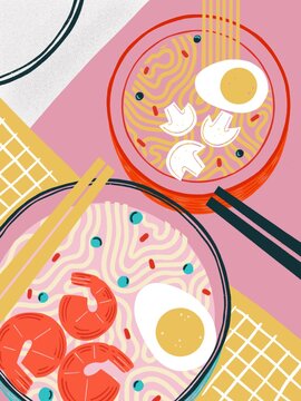 Naklejki Flat appetizing noodles soup. Abstract noodles, shrimp, egg. Colored Japanese food  illustration. Funny colored typography poster, apparel print design, restaurant menu decoration. Asian food poster