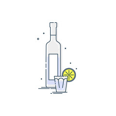 Vodka in bottle and glass with snack lemon. White background. Tasty snack. Closeup shot. Trendy fruit food design. Minimalism simplicity colored sign. Alcoholic product for restaurant illustration