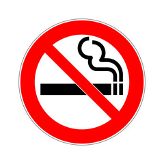 No smoking sign. Vector illustration of red crossed out circular prohibited sign with burning cigarette icon inside. Not allowed to smoke isolated on white background. Ban for smokers.